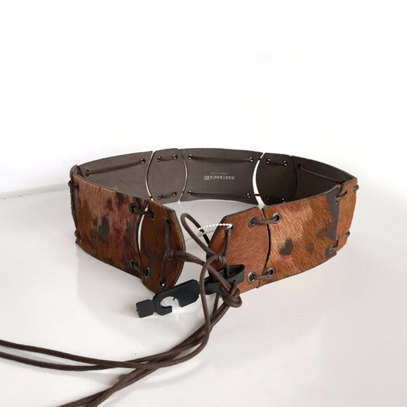 Berge Made in Italy Hair-On Leather Belt Wide Lace-Up Panel Brown main image 5